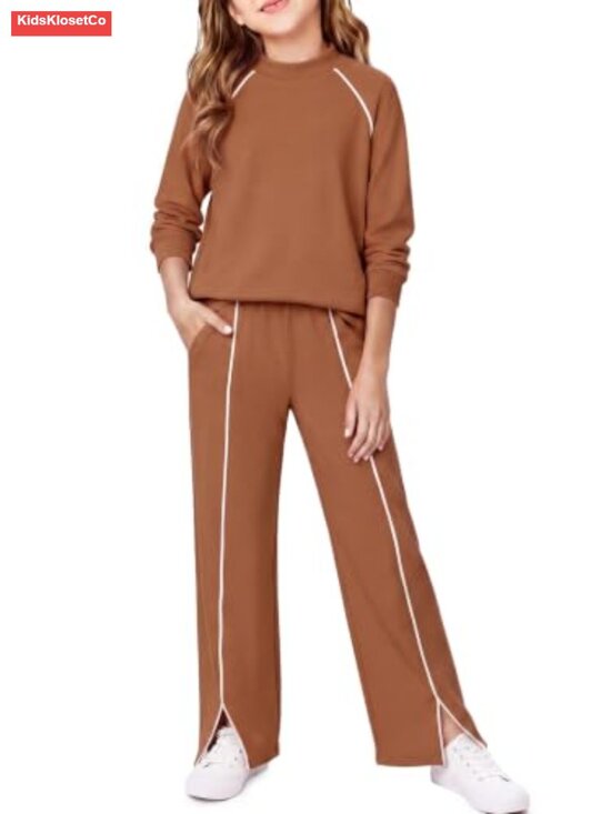 Other - Girls 2 Piece Sweatshirt Wide Leg Pants Set Raglan Sleeve Split Hem